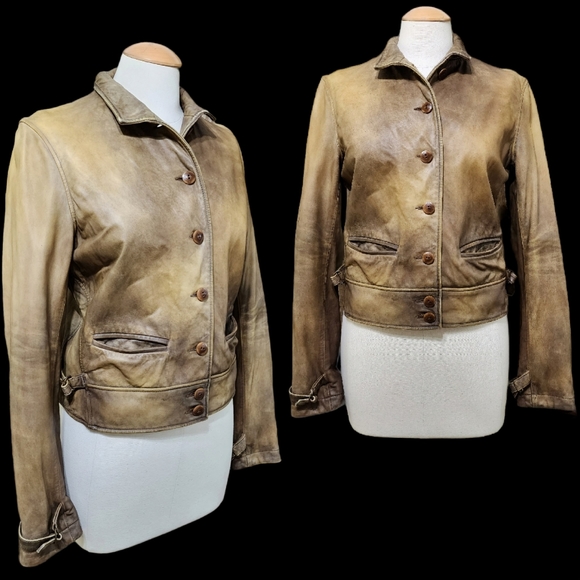 Ralph Lauren Jackets & Blazers - RALPH LAUREN Leather Jacket Tan Brown Distressed Aged Cropped Womens 6